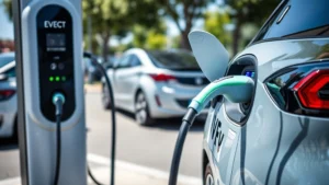 Modern electric vehicle charging at public DC fast charging station with multiple cable connectors, sleek contemporary design, outdoor daylight, other EVs visible in background