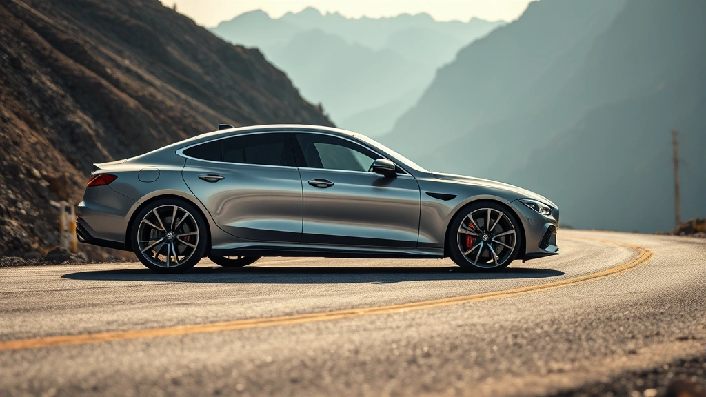 Luxury performance sedan in silver, photographed on empty mountain road with dramatic curves, professional automotive lighting, dynamic angle