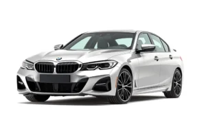2024 BMW M340i turbocharged sedan in metallic silver, three-quarter front view, premium German engineering aesthetic, modern luxury performance car on clean studio background