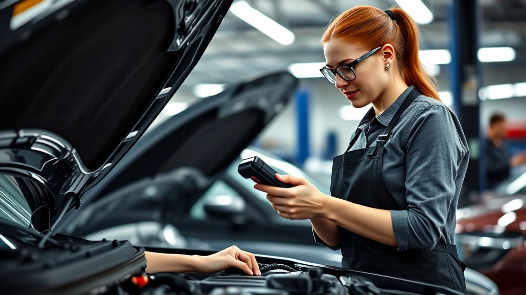 Professional female automotive technician in well-lit workshop, examining car engine with diagnostic scanner, wearing safety glasses and work apron, modern garage environment