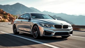 Sleek silver BMW M440i sedan in dynamic driving position, professional automotive photography, studio lighting, mountain road background, modern luxury performance car aesthetic
