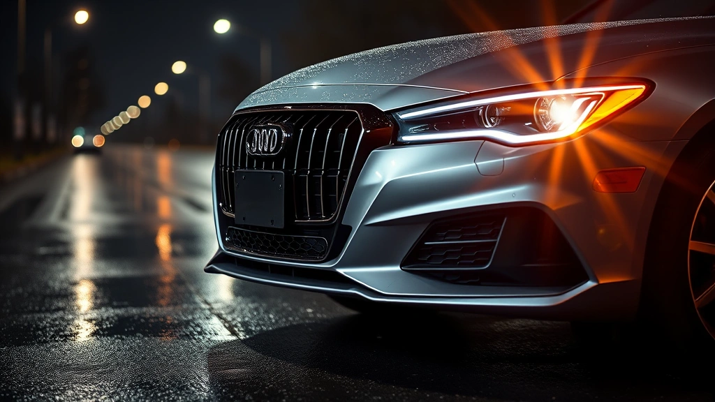 Sleek silver luxury sedan with LED headlights on wet asphalt, premium grille design, professional automotive photography studio lighting, shallow depth of field