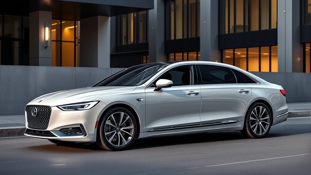 Sleek 2024 luxury sedan parked in modern urban setting with contemporary architecture, professional lighting highlighting elegant design lines and premium craftsmanship