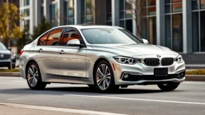 Sleek silver BMW 3 Series sedan parked on modern urban street with contemporary architecture background, professional automotive photography, daytime lighting, sharp focus on vehicle exterior design and proportions