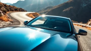 Professional automotive journalist testing luxury sedan on winding mountain road, sunlight reflecting off polished hood and windshield, scenic landscape background