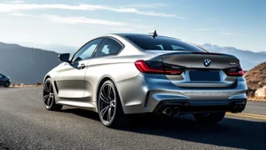 2024 BMW M440i xDrive luxury sedan in metallic silver, photographed from three-quarter angle on mountain road with scenic background, professional automotive photography style