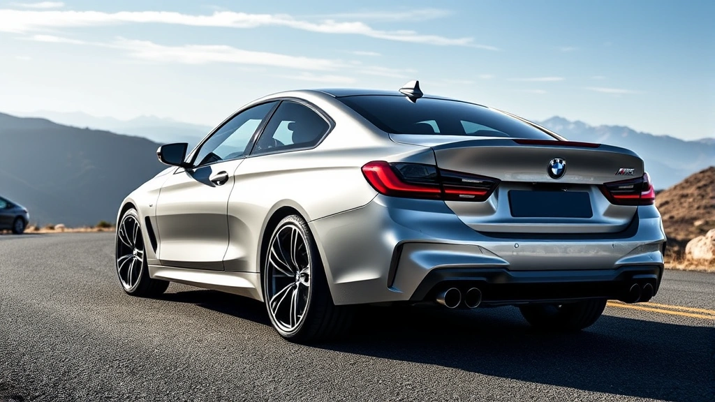 2024 BMW M440i xDrive luxury sedan in metallic silver, photographed from three-quarter angle on mountain road with scenic background, professional automotive photography style