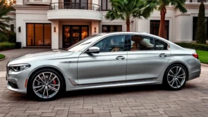 Luxury sedan with sleek profile, polished chrome trim, premium leather interior visible through windows, parked on elegant driveway with modern architecture background