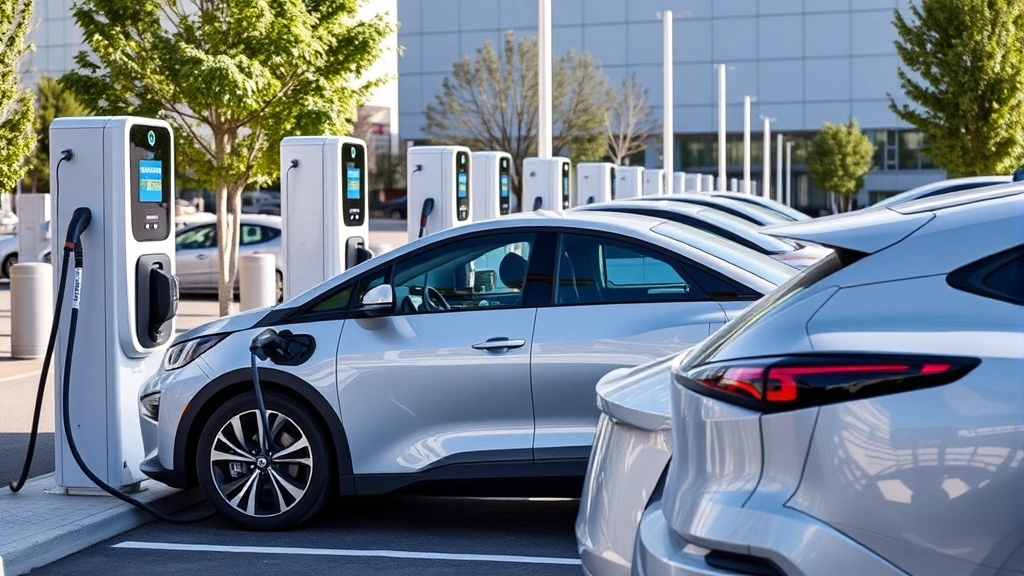 Modern electric vehicle charging at public charging station with multiple EVs plugged in, sleek contemporary design, daytime lighting, realistic automotive photography