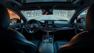 Luxury sedan interior dashboard with leather seats, ambient lighting, and modern infotainment display showing navigation, premium materials, and contemporary design