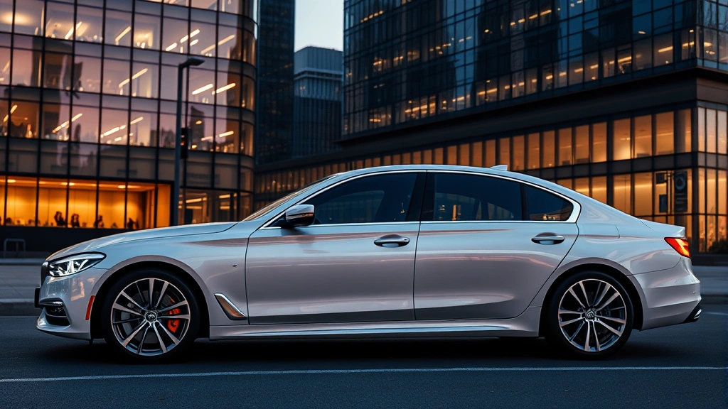 Luxury sedan parked in modern urban setting with sleek glass buildings and evening lighting, showcasing elegant lines and premium styling details