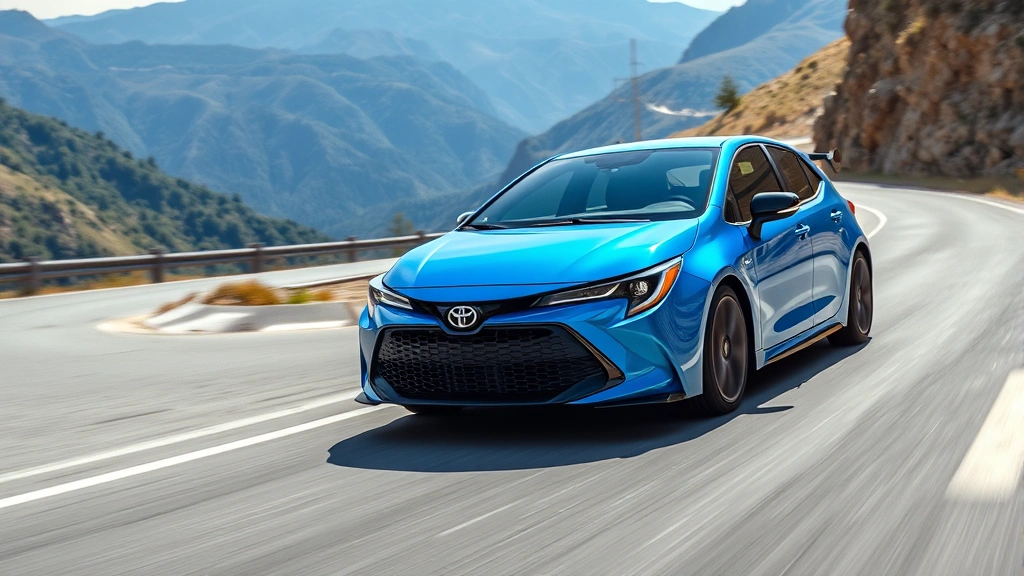 Professional automotive photography of a 2024 Toyota GR Corolla in motion on a winding mountain road, vibrant blue paint, dynamic angle showing aggressive stance and modern design, daylight photography with sharp focus