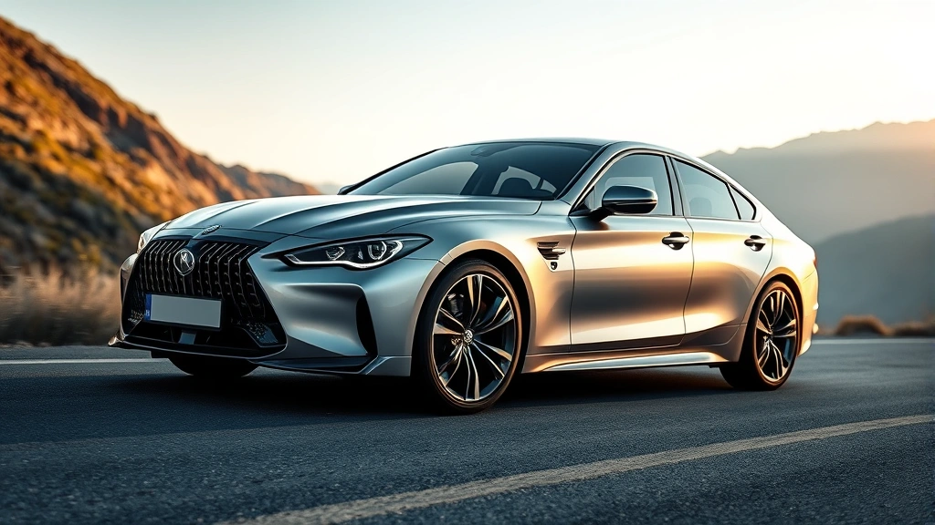 High-performance luxury sedan in metallic silver on mountain road, showcasing aerodynamic design and premium styling, professional automotive photography