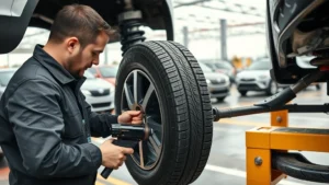 Professional automotive journalist conducting detailed vehicle inspection, checking tire condition and suspension components with precision tools, outdoor testing facility with multiple vehicles in background, overcast day lighting, photorealistic