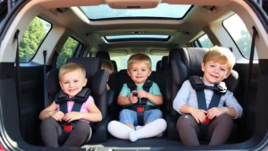 Family SUV interior with three rows of seating, multiple children safely secured in car seats, bright natural lighting through windows, spacious cargo area visible in background