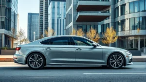 Sleek silver luxury sedan with panoramic sunroof, photographed from three-quarter angle in modern urban setting with contemporary architecture, professional automotive photography style, daylight