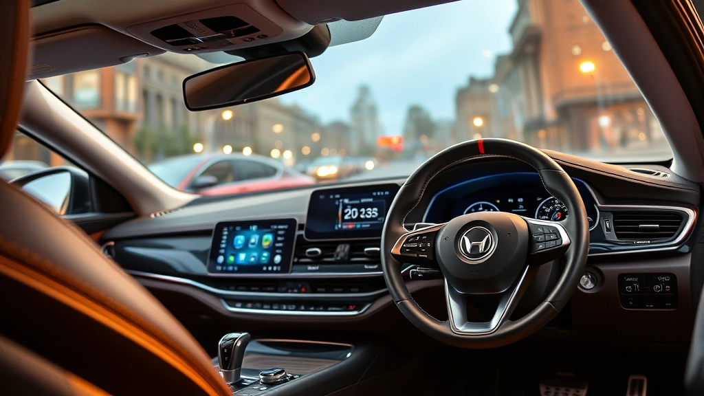 Luxury sedan dashboard interior with modern infotainment display, premium leather steering wheel, ambient lighting, high-end materials and controls, professional automotive photography