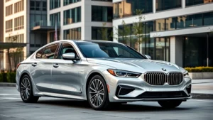Sleek silver luxury sedan parked in modern urban environment with contemporary architecture, professional automotive photography, daytime natural lighting, three-quarter front view