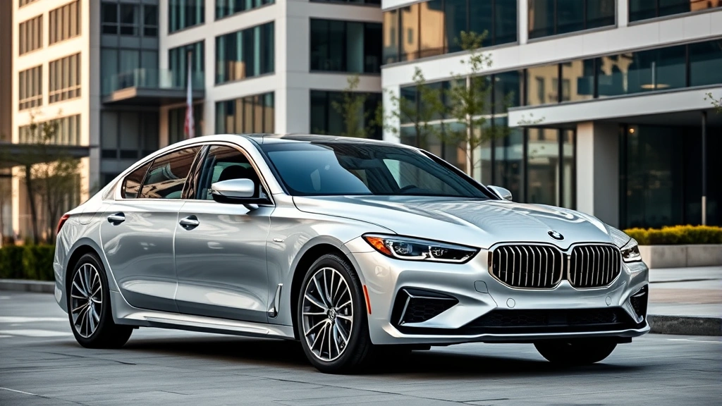 Sleek silver luxury sedan parked in modern urban environment with contemporary architecture, professional automotive photography, daytime natural lighting, three-quarter front view