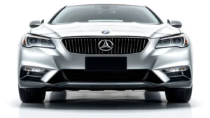 Luxury sedan front three-quarter view, sleek design with premium alloy wheels, professional automotive photography, daylight studio setting