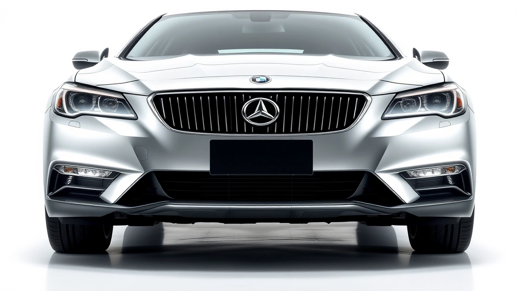 Luxury sedan front three-quarter view, sleek design with premium alloy wheels, professional automotive photography, daylight studio setting