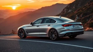 Sleek silver luxury sedan on mountain road at sunset, professional automotive photography, sharp focus on vehicle design and curves