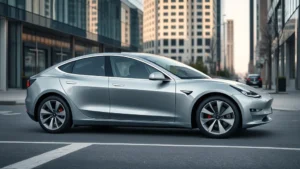 Sleek Tesla Model Y sedan in metallic silver parked on modern urban street with glass buildings, professional automotive photography, daytime, sharp focus on vehicle details and aerodynamic design
