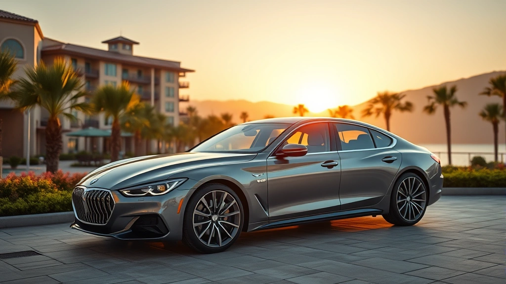 Sleek luxury sedan with panoramic sunroof parked at upscale resort, golden hour lighting, photorealistic detail, no visible badges or text