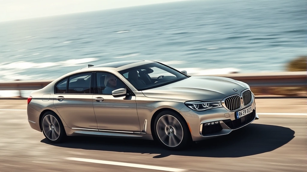 Sleek silver BMW 7 Series sedan in motion on coastal highway, ocean blurred in background, professional automotive photography