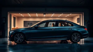 Sleek luxury sedan with ambient lighting through modern garage, premium leather interior visible through windows, sophisticated design emphasizing elegance and technology