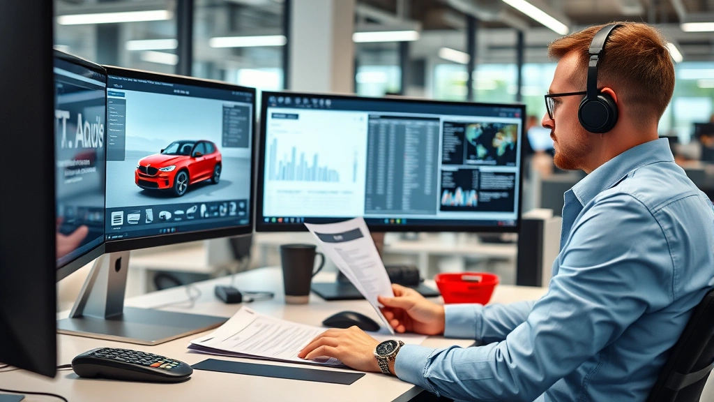Professional automotive journalist reviewing vehicle documentation at modern editorial desk with computer monitors displaying automotive data and specifications in bright office environment