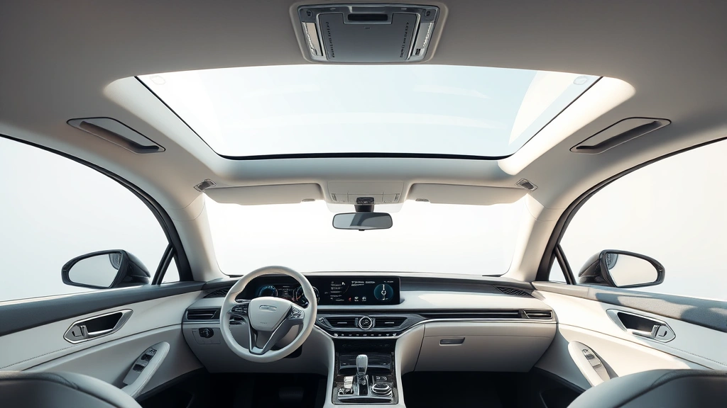 2024 luxury sedan in pearl white metallic photographed from three-quarter front angle with panoramic sunroof visible, modern minimalist luxury interior dashboard visible through windshield, professional automotive photography lighting