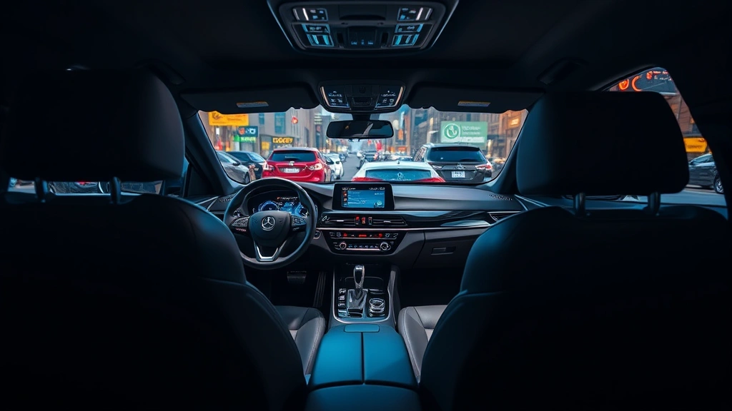 Luxury sedan interior with premium leather seats, ambient lighting, and advanced dashboard technology displaying navigation and climate controls