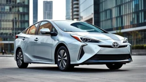 Sleek silver Toyota Prius Prime plug-in hybrid sedan photographed from three-quarter front angle in modern urban setting with glass buildings background, daytime professional automotive photography
