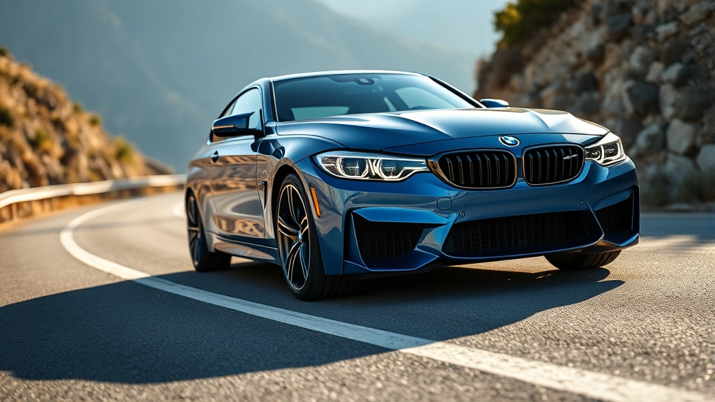 Professional automotive photographer capturing a premium BMW M440i xDrive coupe in metallic blue, photographed from three-quarter front angle on a winding mountain road, morning sunlight highlighting the vehicle's sculpted body lines and aggressive front grille design, sharp focus on the vehicle with blurred road markings and natural landscape background