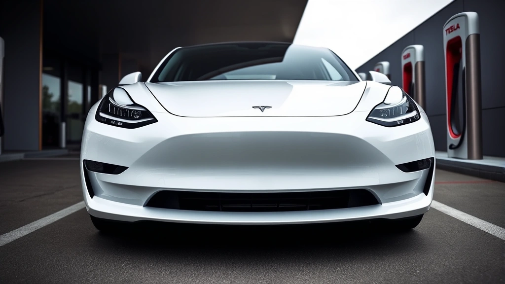Tesla Model 3 Performance in pearl white multi-coat, low-angle front three-quarter view, dynamic driving pose, modern charging station background, professional automotive photography