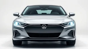 Premium midsize sedan front three-quarter view, sleek design, modern LED headlights, professional photography studio lighting, silver metallic paint, clean background