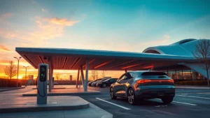 Modern electric vehicle charging at public station with sleek design, sunset lighting, focus on charging port and futuristic architecture