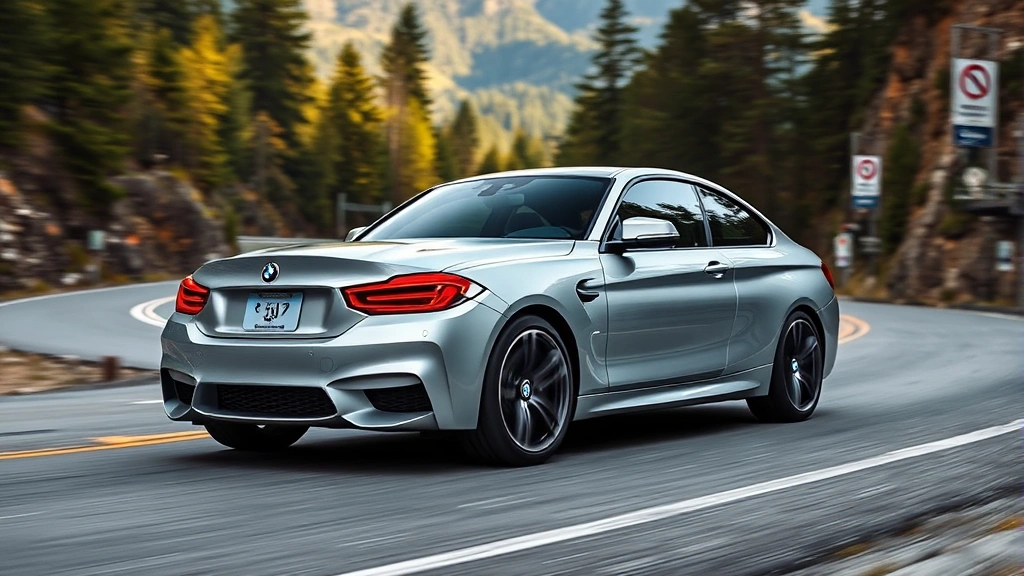 Professional automotive photography of a sleek silver BMW M440i xDrive sedan on a winding mountain road with blurred forested background, dynamic angle showing performance stance and luxury design details
