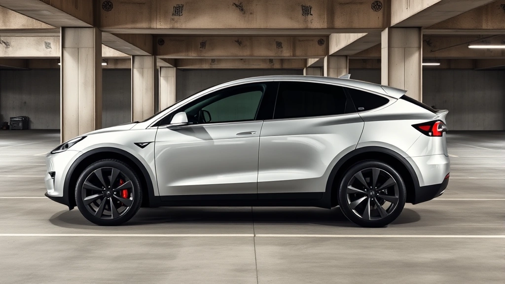 Sleek silver Tesla Model Y SUV photographed from three-quarter angle in modern parking garage with minimalist concrete architecture, professional automotive photography style