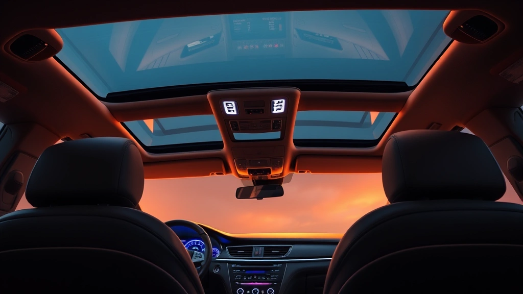Luxury sedan interior dashboard with illuminated ambient lighting, premium leather seats, panoramic glass roof visible above, soft warm lighting, upscale automotive cabin