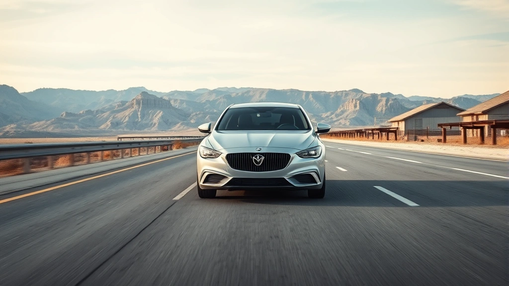 Modern silver sedan photographed from three-quarter front angle on empty highway with mountains in background, professional automotive photography style, daylight