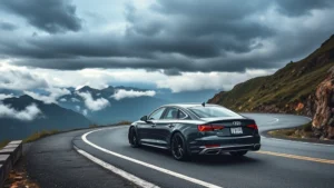 Luxury sedan on winding mountain road with dramatic cloudy sky, professional automotive photography, clean detail lighting, no license plates visible, professional quality 4K resolution