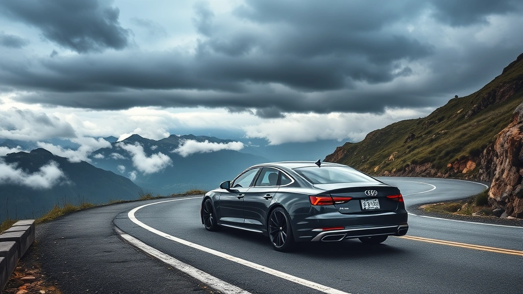 Luxury sedan on winding mountain road with dramatic cloudy sky, professional automotive photography, clean detail lighting, no license plates visible, professional quality 4K resolution