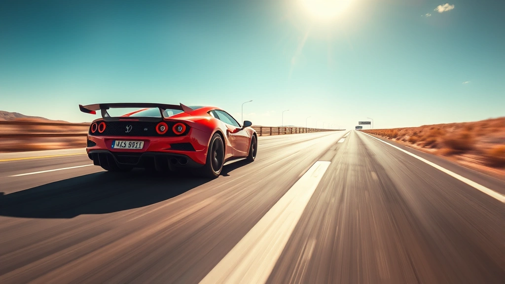 High-performance sports car accelerating on open highway, dramatic motion blur, sunlit road, photorealistic automotive photography