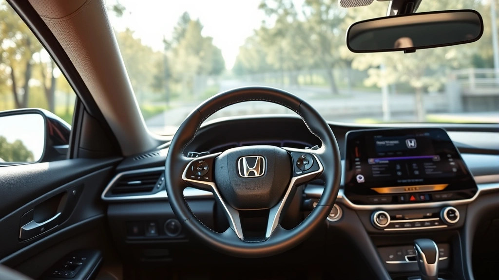 Close-up of Honda Accord interior dashboard and steering wheel, modern silver trim, natural daylight through windshield, premium leather seats visible, contemporary infotainment display
