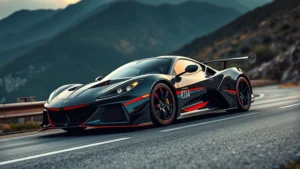 High-performance sports car with aggressive aerodynamics and racing-inspired design, captured from dynamic three-quarter angle on mountain road with professional lighting