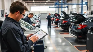 Professional automotive testing facility with multiple vehicles being evaluated simultaneously, technicians with clipboards checking performance data, modern diagnostic equipment visible, bright natural lighting, professional atmosphere