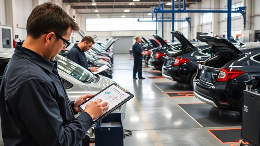 Professional automotive testing facility with multiple vehicles being evaluated simultaneously, technicians with clipboards checking performance data, modern diagnostic equipment visible, bright natural lighting, professional atmosphere