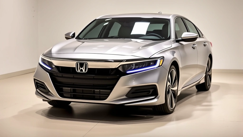 2024 Honda Accord sedan in modern silver, three-quarter front view, clean showroom lighting, emphasis on sleek body lines and LED headlights, professional automotive photography